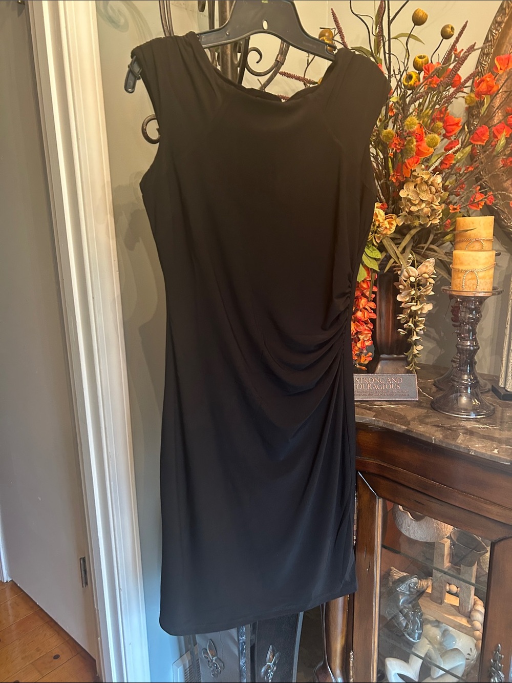 Black Sleeveless Sheath Dress - Classic Draped Detail